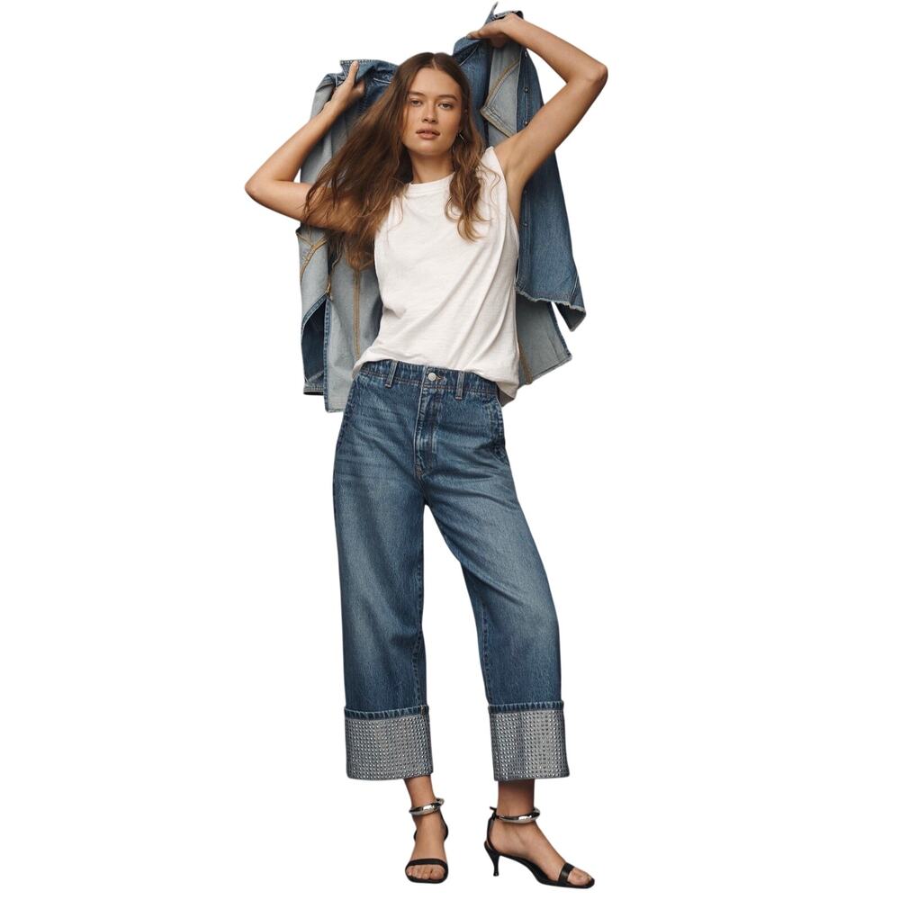 Pilcro Anthropologie The Lonnie Cuffed High Rise Crop Jeans Sparkle Edition 26